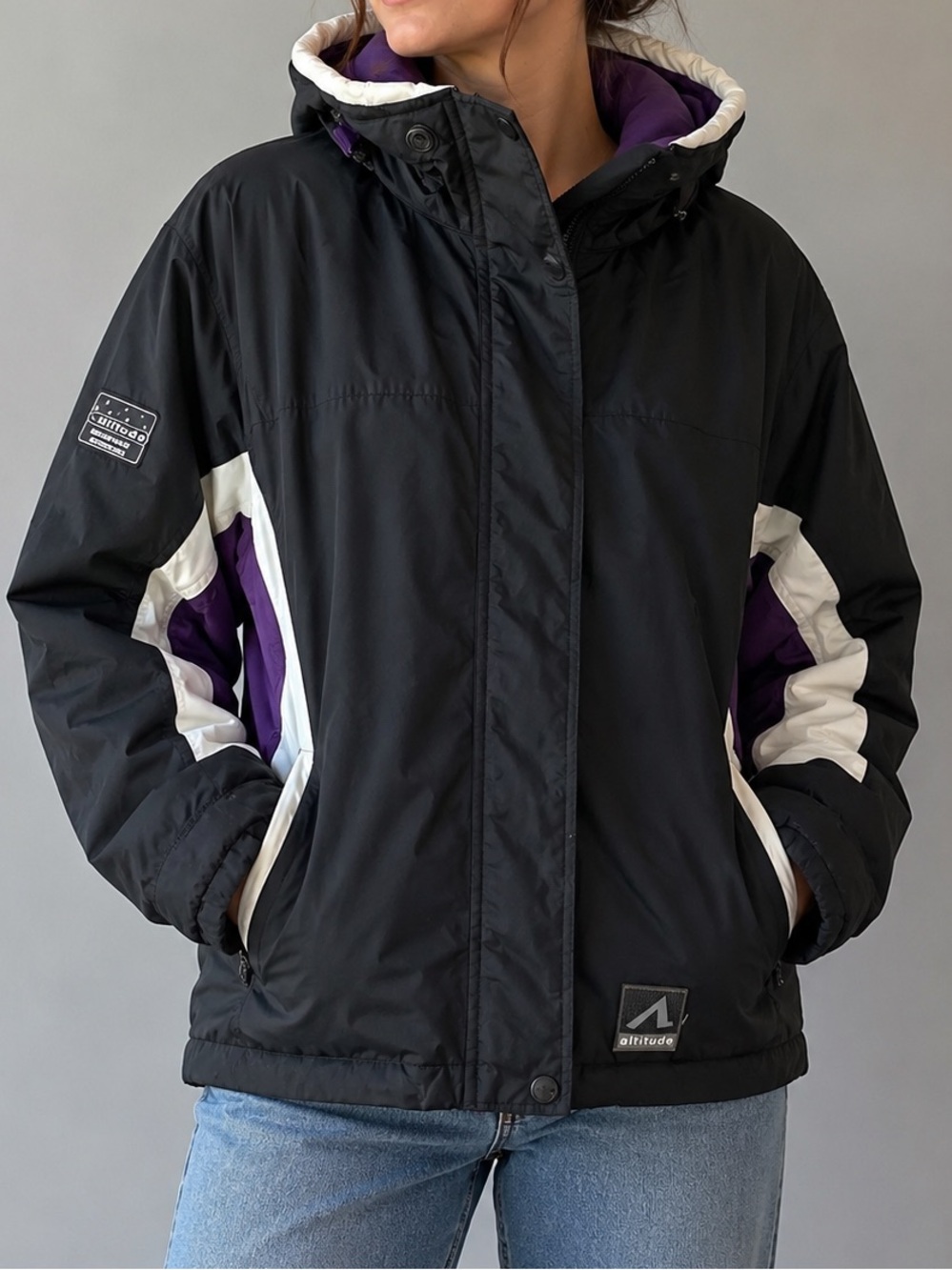 Altitude Women’s Waterproof Hooded Ski Jacket Black Purple White Size Medium